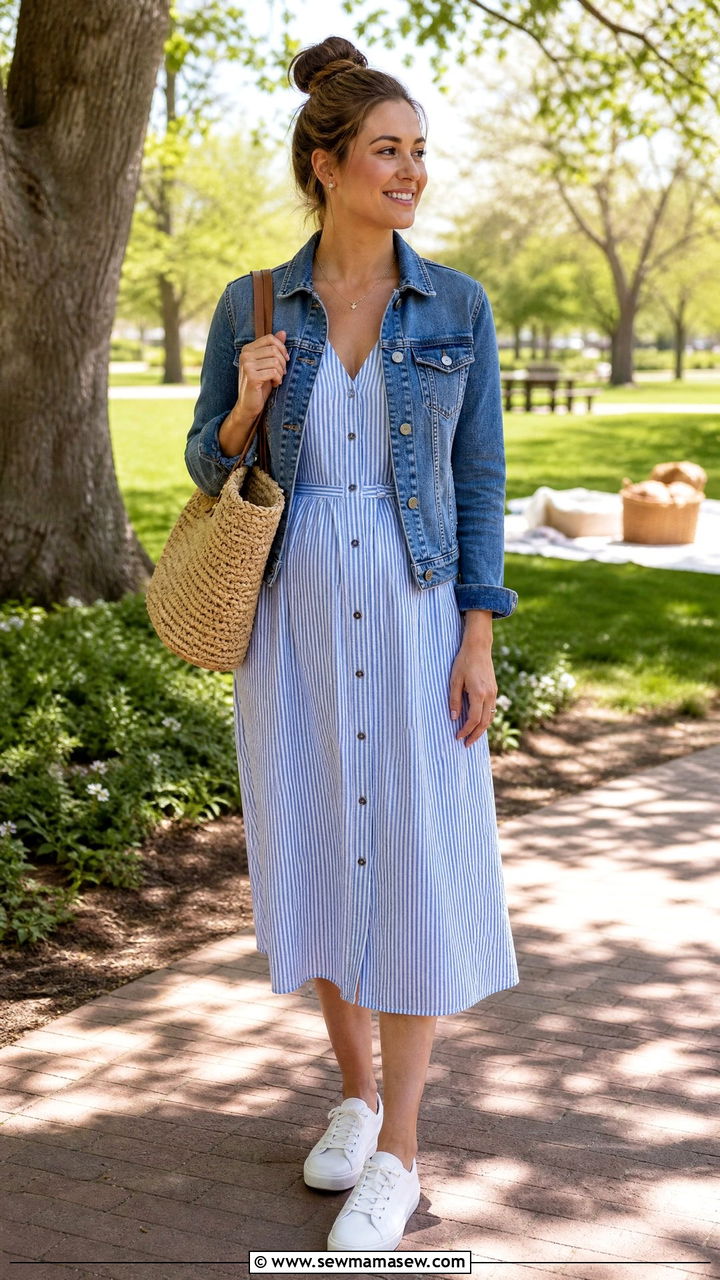 Button Front Midi Dress with Denim Jacket Outfit - 25 casual outfits for postpartum women