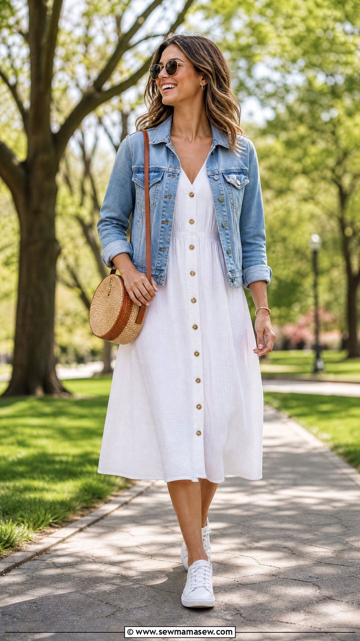 Button Front Midi Dress with Denim Jacket Outfit - 20 Spring outfits for 50-60 degree weather