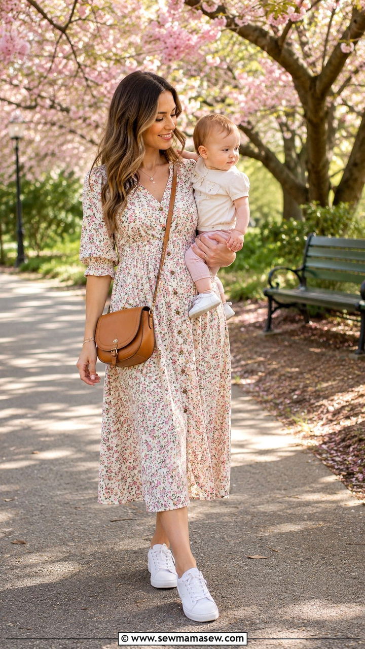 Button Front Midi Dress with White Sneakers - 30 Spring outfit ideas for new mom