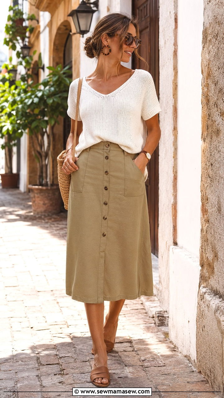 Button Front Midi Skirt And Knit Top Outfit - 25 resort outfits inspo