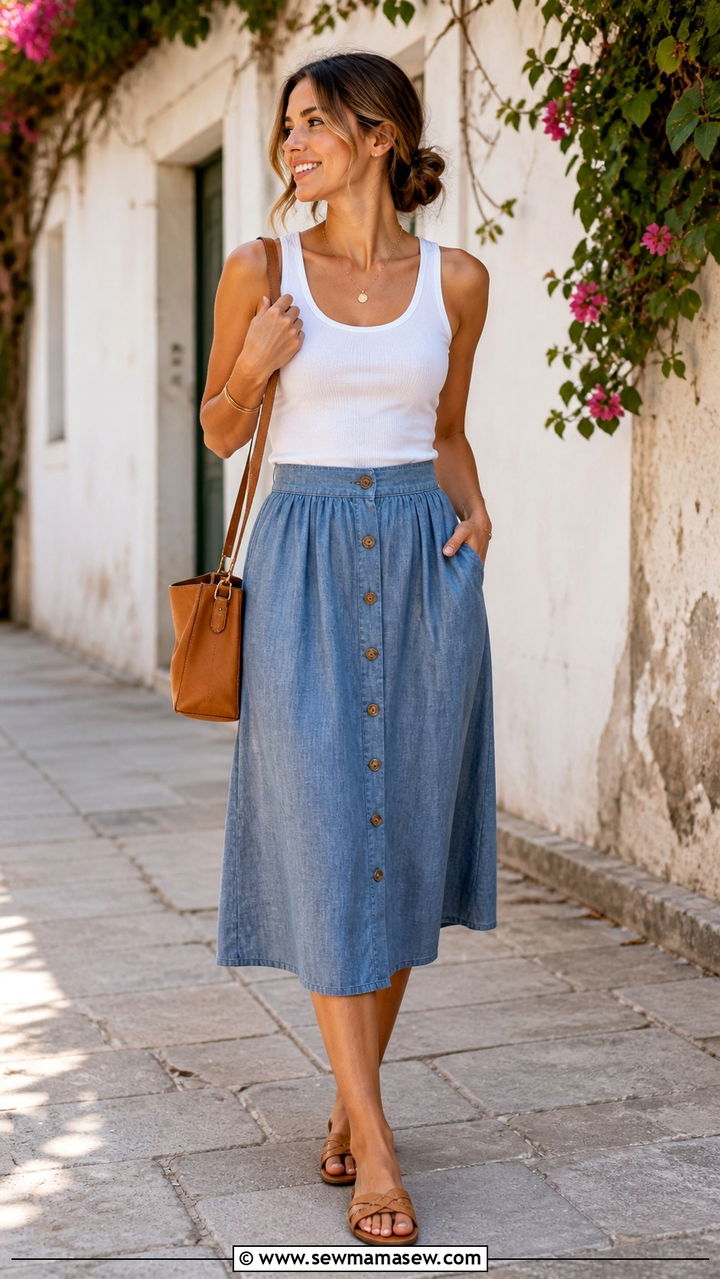 Button Front Midi Skirt With Fitted Tank - 40 Summer outfit ideas