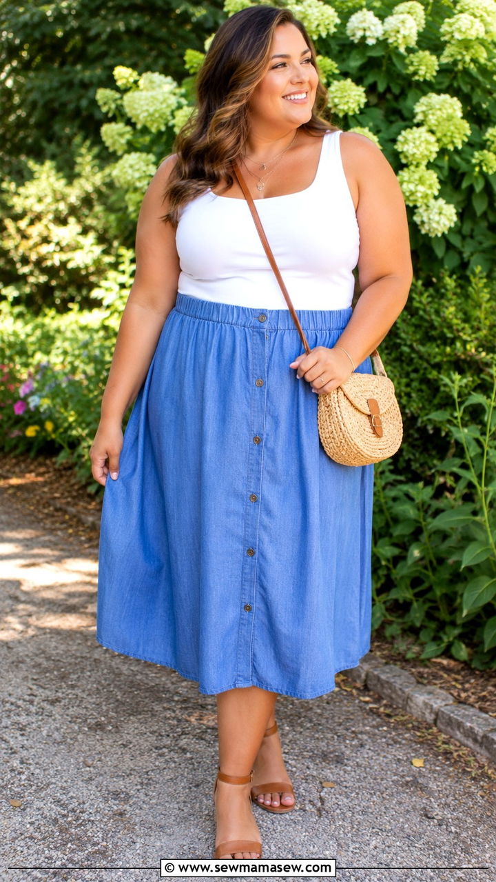 Button Front Midi Skirt and Strappy Sandals - 30 Plus size mom outfit ideas summer