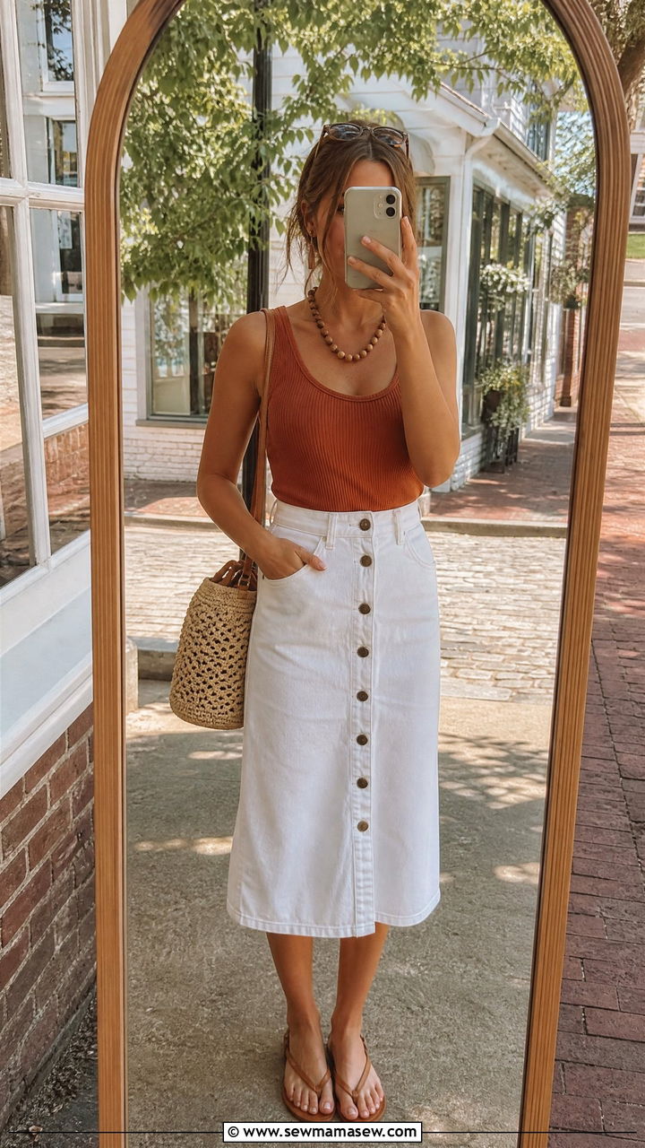Button Front Midi Skirt with Ribbed Tank Top - 30 Summer cottage outfits