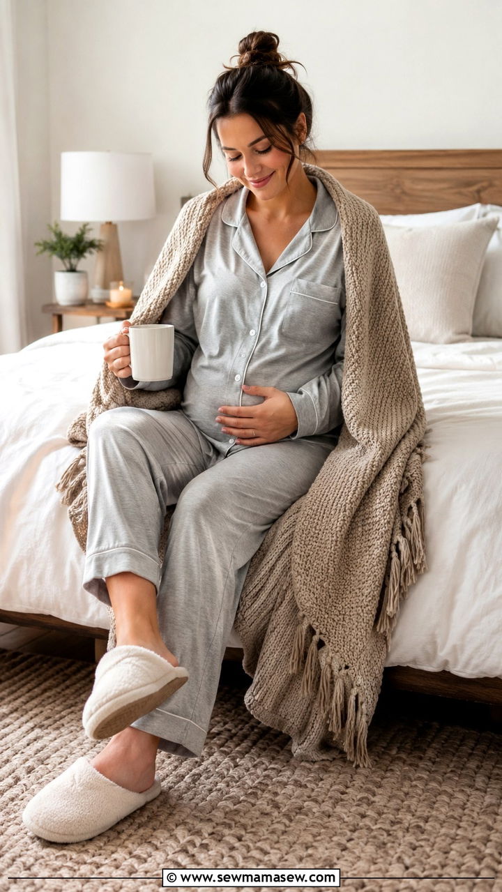 Button Front Pajama Set And Cozy Slippers - 20 Postpartum outfit ideas week 6