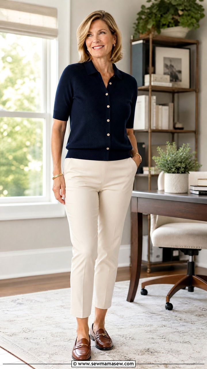 Button Front Polo with Ankle Pants Outfit - 35 Loungewear outfit ideas for women over 40