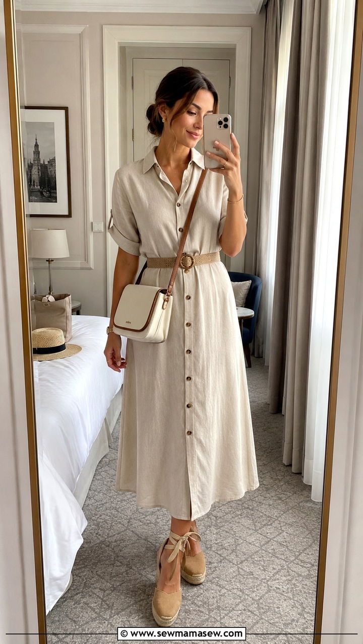 Button Front Shirt Dress With Belt And Espadrilles - 30 Modest travel outfit ideas