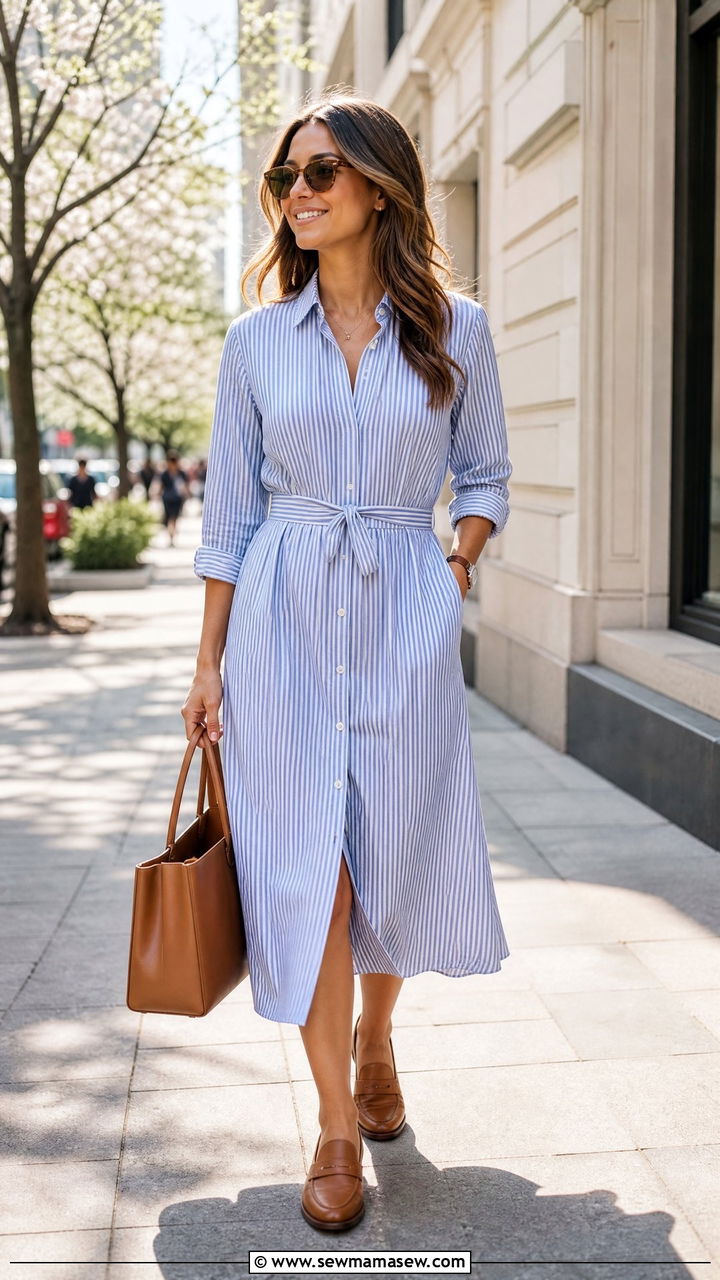 Button Front Shirt Dress With Loafers Outfit - 30 Mid spring outfits