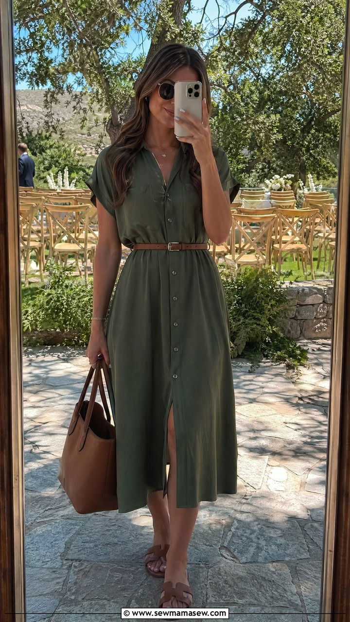 Button Front Shirt Dress With Sandals And Leather Belt - 35 Dressy casual wedding guest outfit ideas