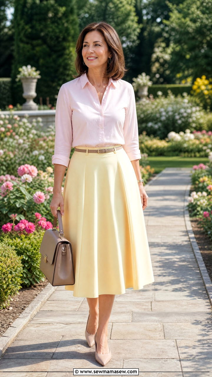 Button Front Shirt and A Line Midi Skirt - 25 bridal shower outfits for women over 40