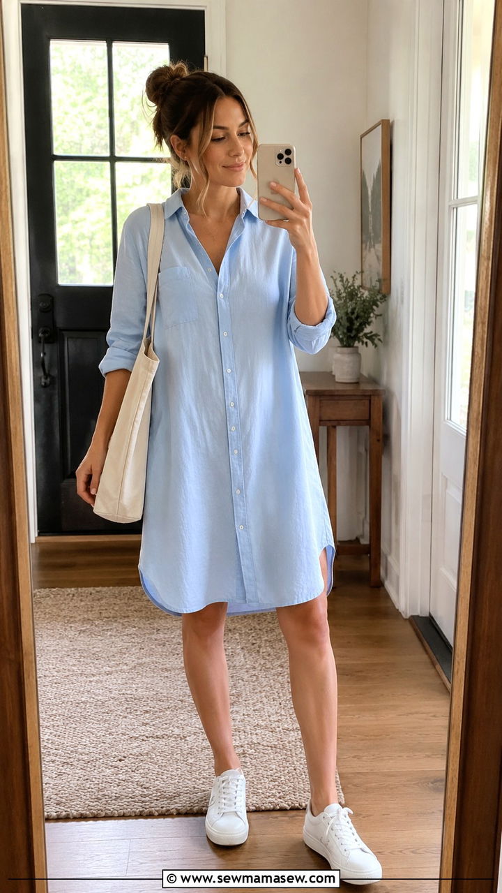 Button Front Shirtdress with White Sneakers and a Canvas Tote - 20 Postpartum outfit ideas still looks pregnant