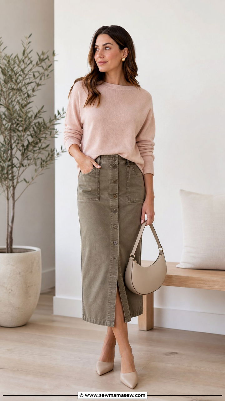 Button Front Skirt And Soft Knit Top First Trimester - 25 First trimester mom outfit ideas