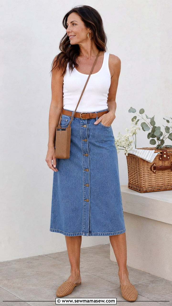 Button Front Skirt And Tank Top Picnic Look - 30 Picnic outfits for women over 40