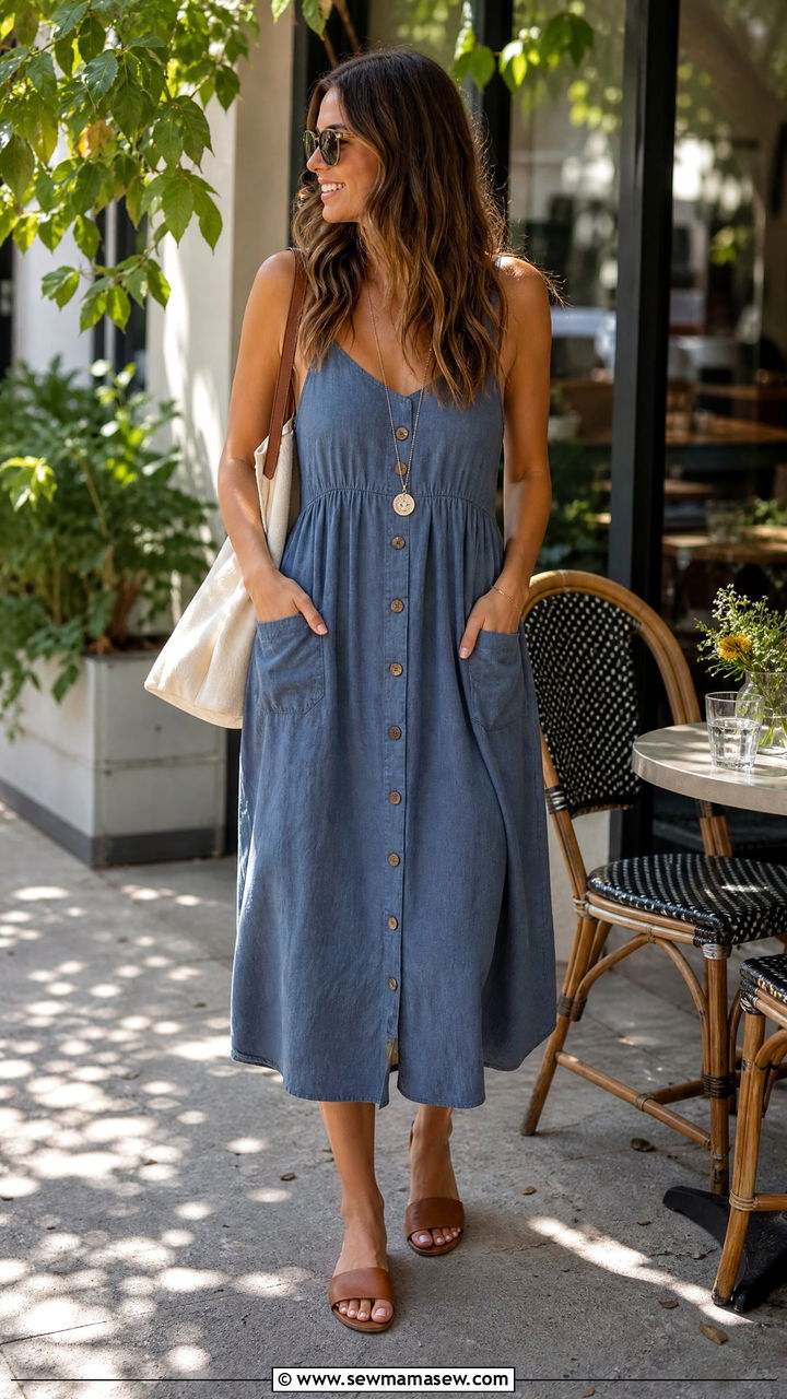 Button Front Sundress With Slide Sandals - 25 Brunch outfit ideas with a sundress