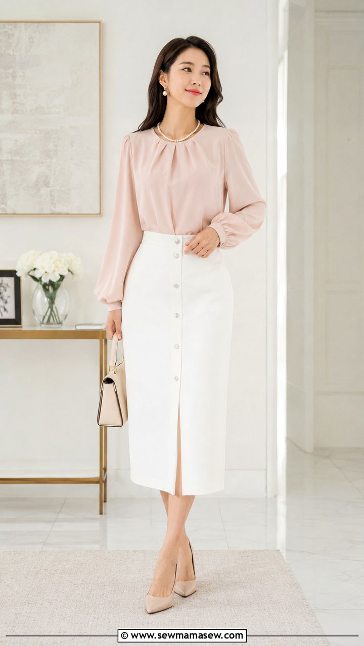 Button Front White Midi Skirt with a Soft Blush Blouse - 25 Modest outfit ideas spring 2026