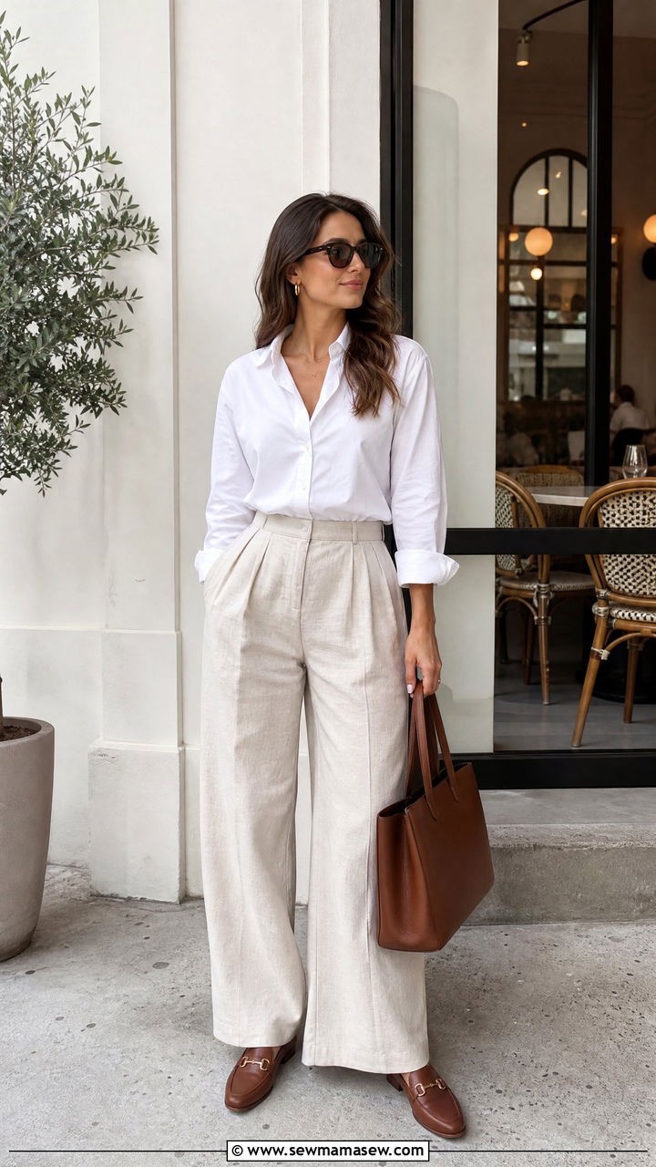 Button Up Blouse With Linen Trousers And Loafers - 30 Sunday brunch outfit ideas for women