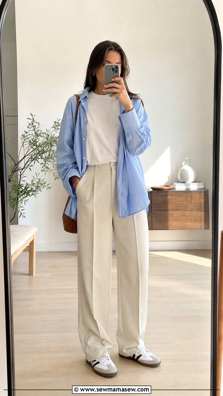 Button Up Shirt Layered Over White Tee with Relaxed Trousers - 25 spring model off duty outfit ideas