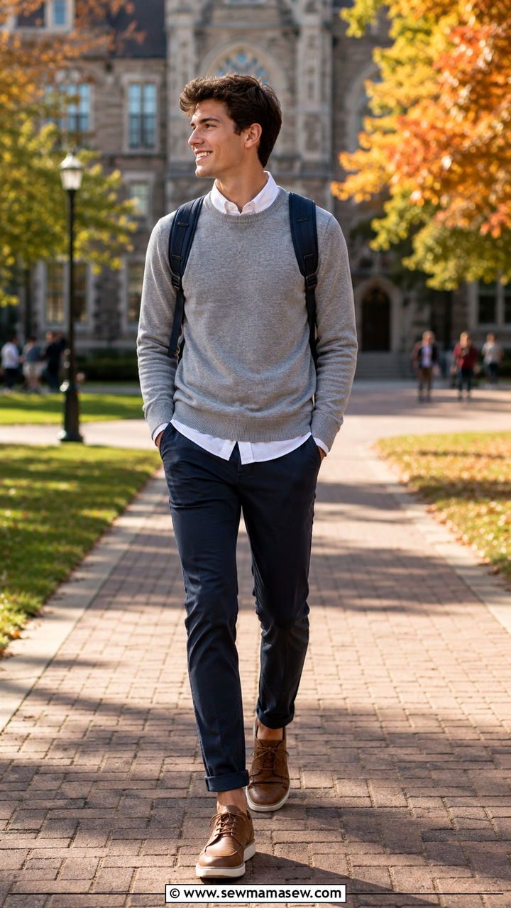 Button Up Shirt Under Sweater With Chinos - 30 Rainy day school outfit ideas