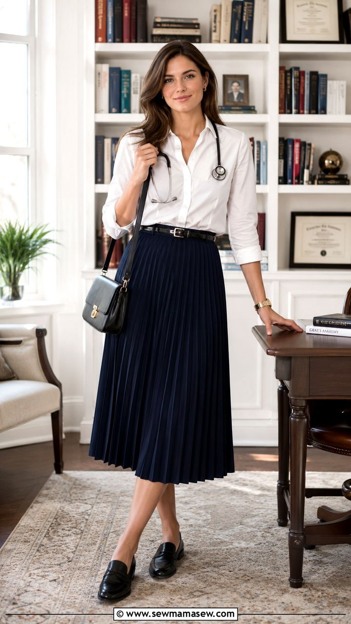 Button Up Shirt With Pleated Skirt For Work - 30 Doctor outfit ideas