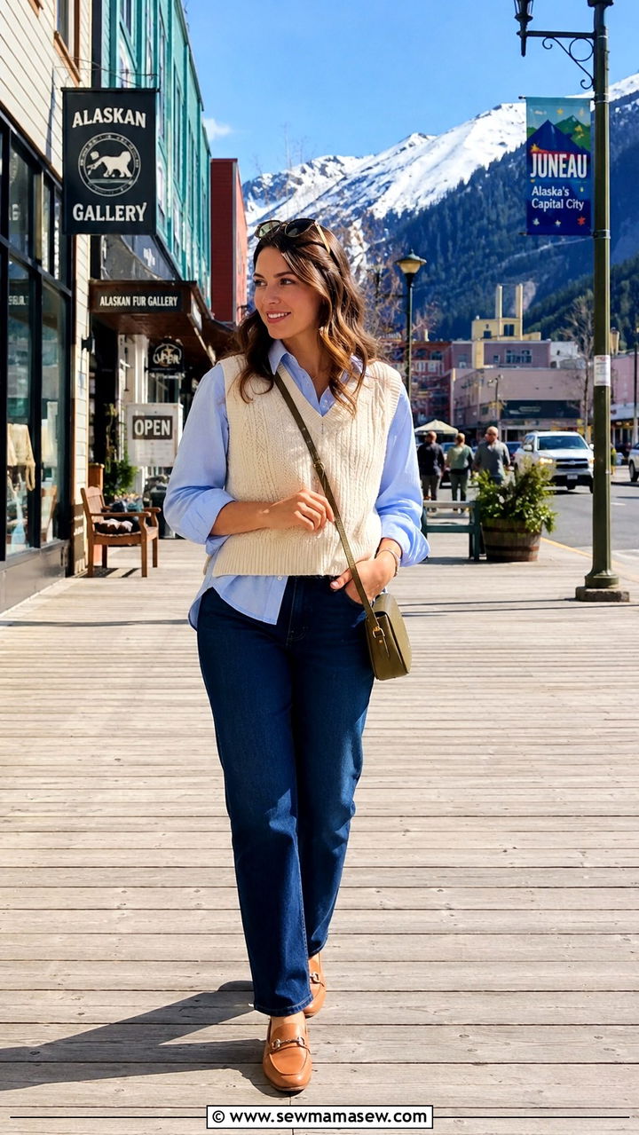Button Up Shirt and Dark Blue Jeans Alaska Cruise Outfit - 25 Alaska cruise outfit ideas 2026