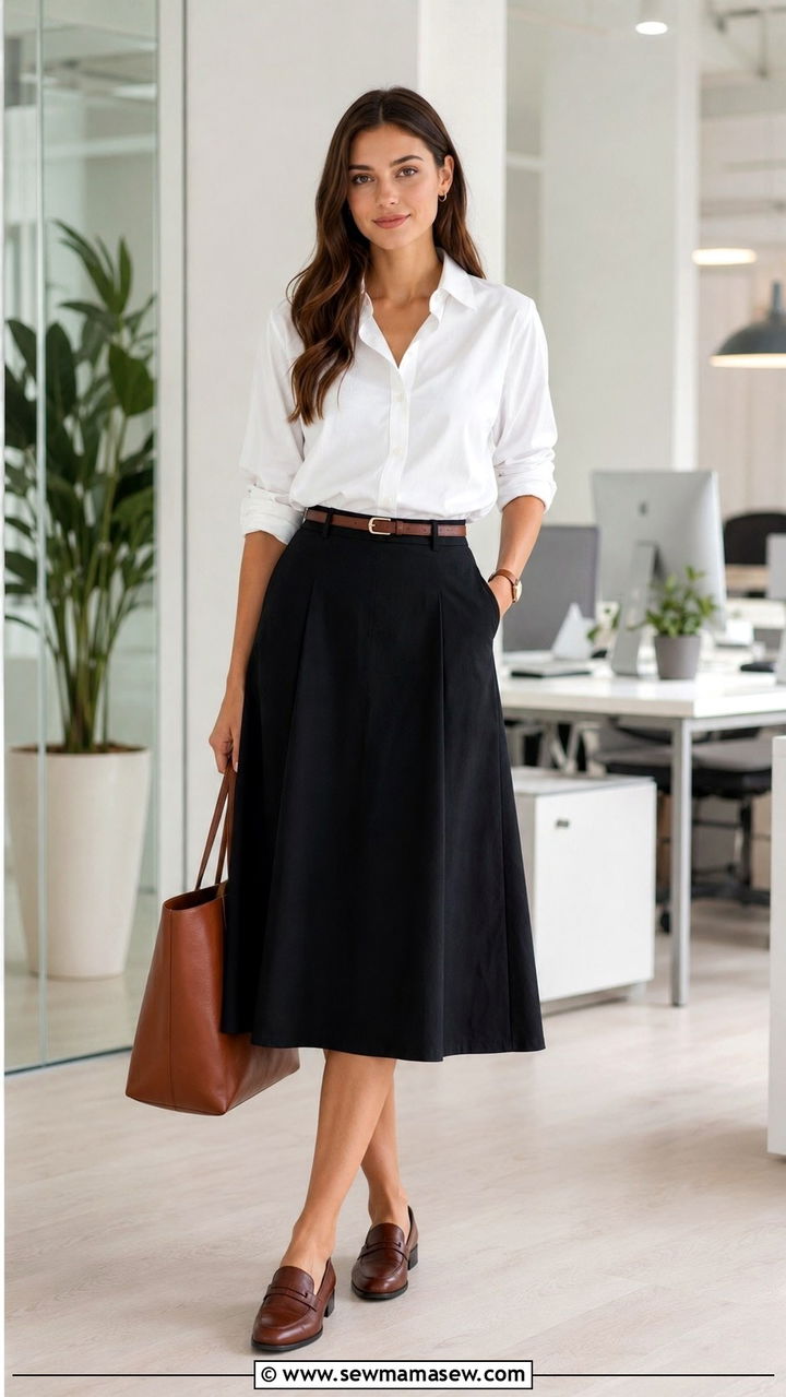 Button Up Shirt with A Line Midi Skirt and Loafers - 25 Outfit ideas for apple shape 2026
