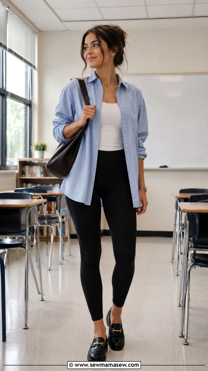 Button Up Shirt with Leggings - 30 School outfit ideas with leggings