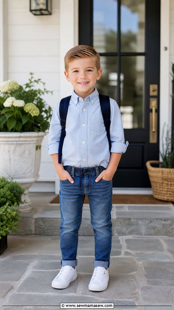 Button Up Shirt with Slim Jeans - 25 First day of kindergarten outfit ideas