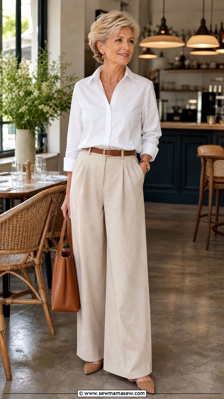 Button Up with Wide Leg Trousers - 20 Brunch outfit ideas for women over 60