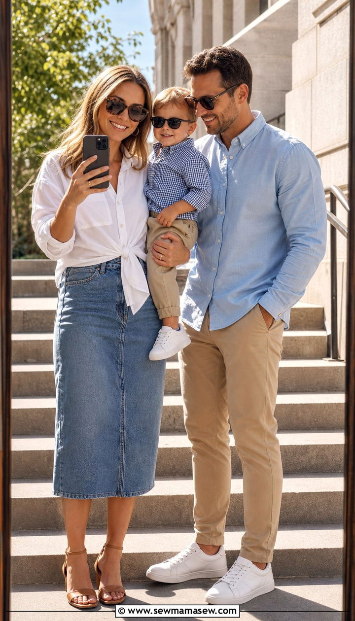 Button down and chinos family photo outfit with toddler - 25 Family photo outfit ideas with toddlers