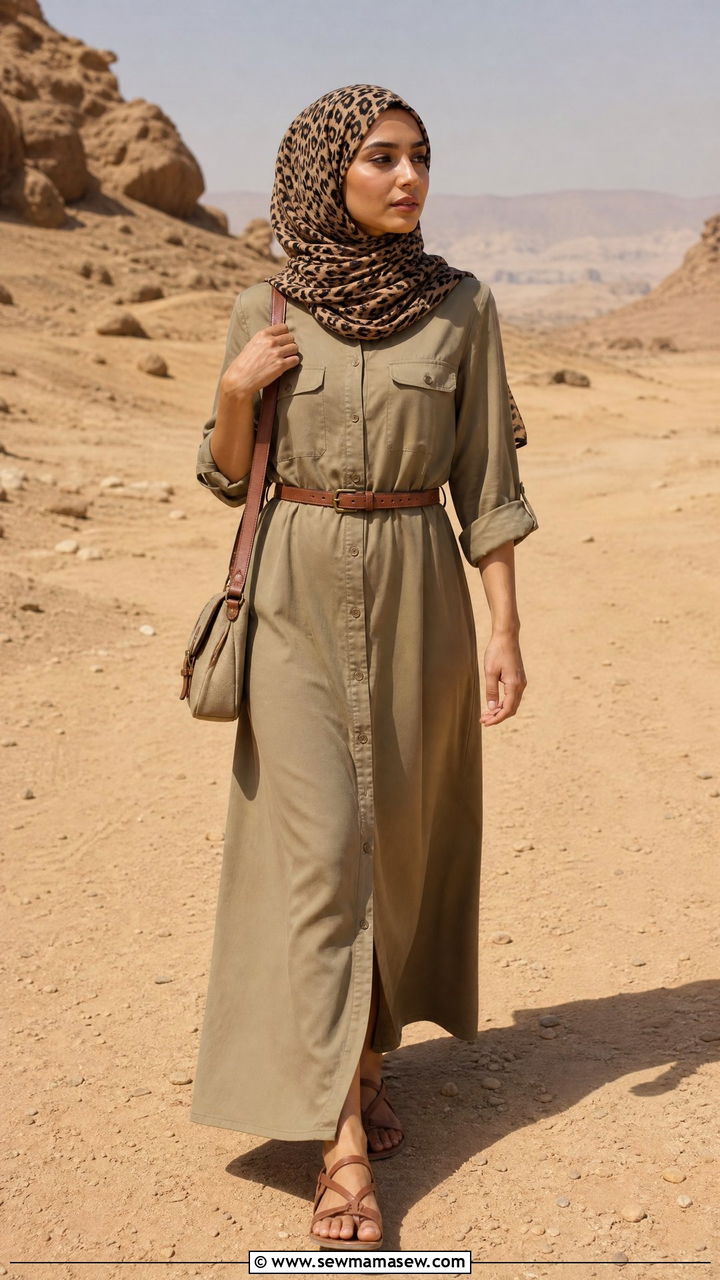 Button down maxi dress with leopard print scarf - 25 Vacation outfit ideas Muslim women