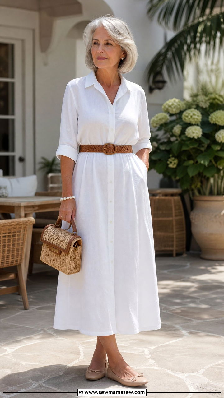 Button down midi dress and woven belt outfit - 30 Coastal grandmother outfits for women over 60