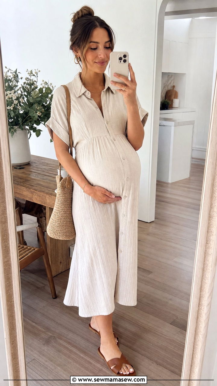Button down midi dress with slide sandals - 25 Spring outfit ideas for pregnant women