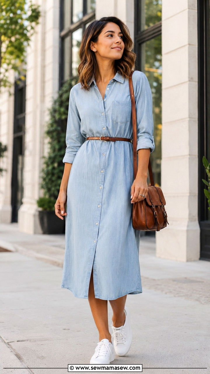 Button down midi dress with white sneakers - 30 Midi dress with white sneakers outfit ideas