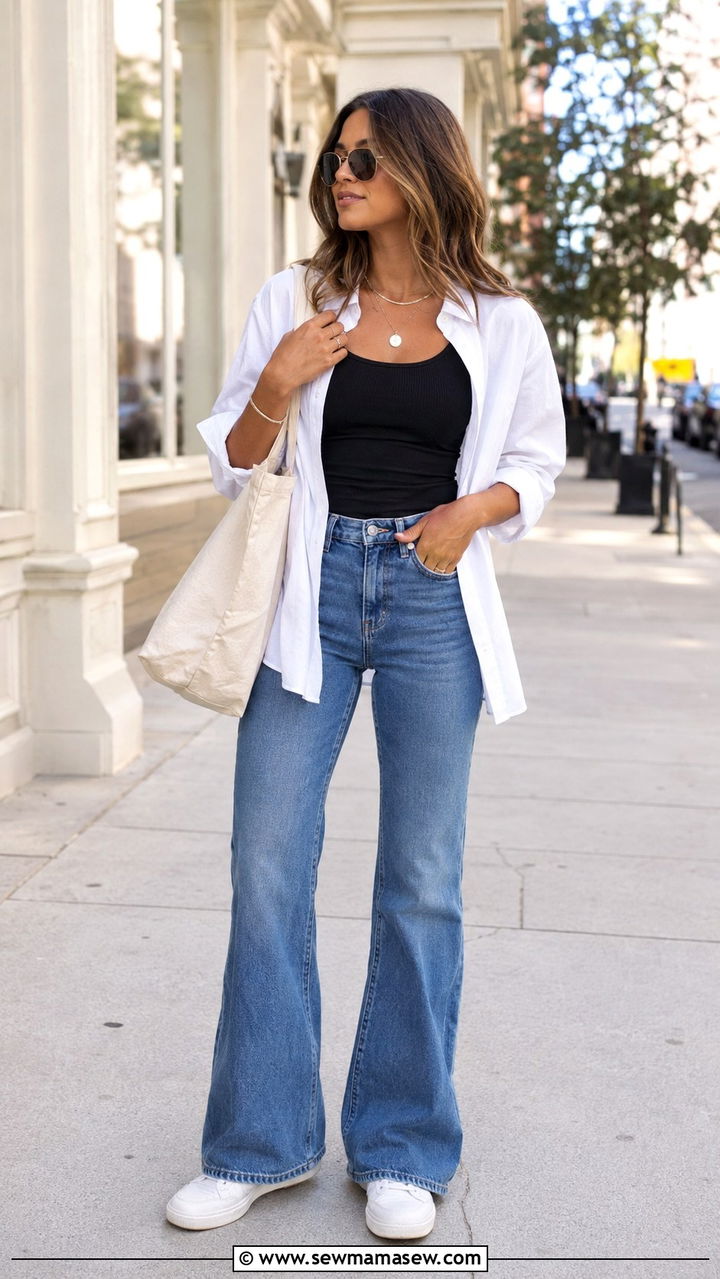 Button down open over a tank top with bootcut jeans - 25 Bootcut jeans outfit ideas with a button down