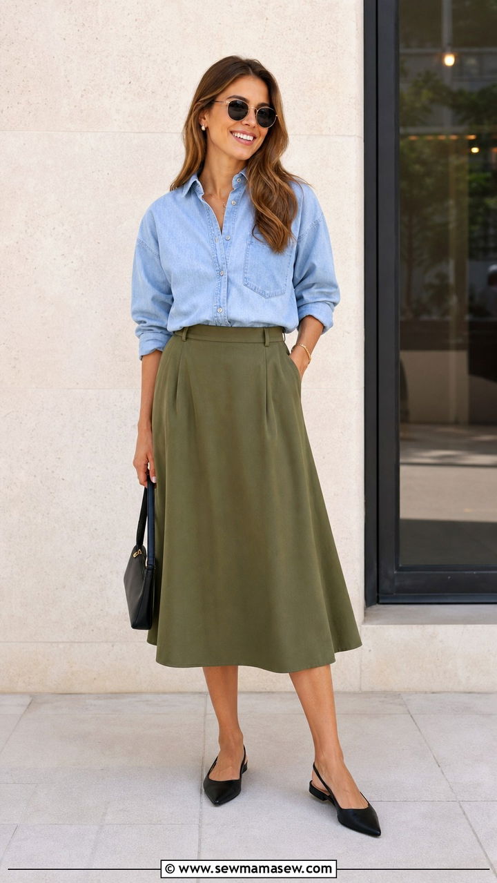Button down shirt and A line midi skirt outfit - 20 casual librarian core outfits