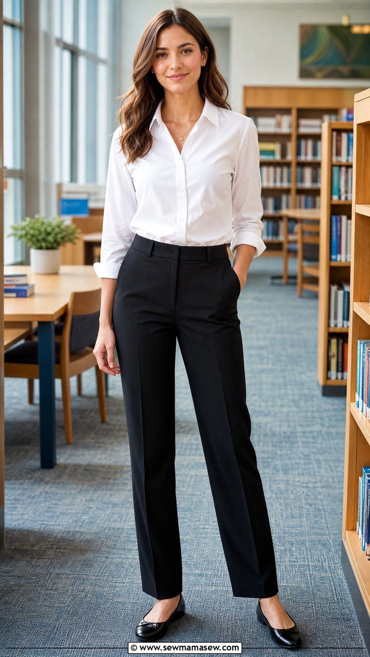 Button down shirt and black pants teacher look - 30 Substitute teacher outfit ideas