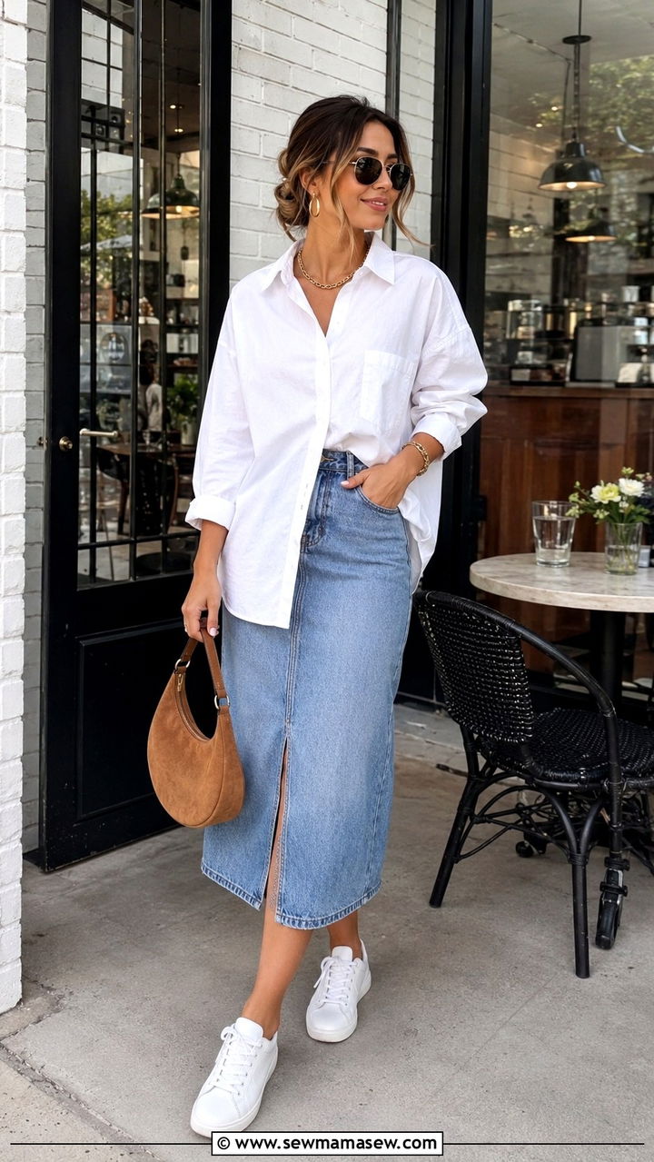 Button down shirt and denim midi skirt casual look - 30 Top and skirt matching set outfit ideas