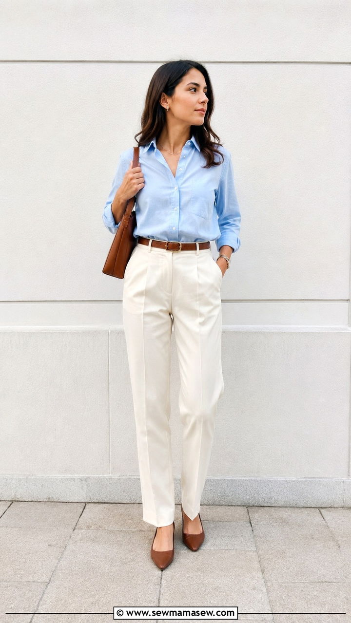 Button down shirt and high waisted straight leg pants outfit - 20 work outfits for long torso women
