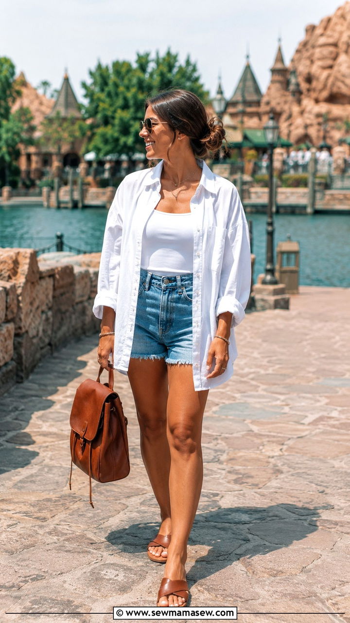 Button down shirt and jean shorts outfit - 30 theme park outfit ideas