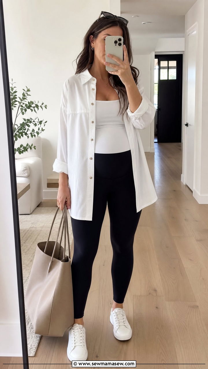 Button down shirt and leggings nursing outfit - 25 Nursing friendly outfit ideas