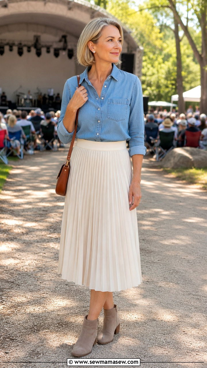 Button down shirt and pleated midi skirt concert over 50 - 25 What to wear to a concert over 50