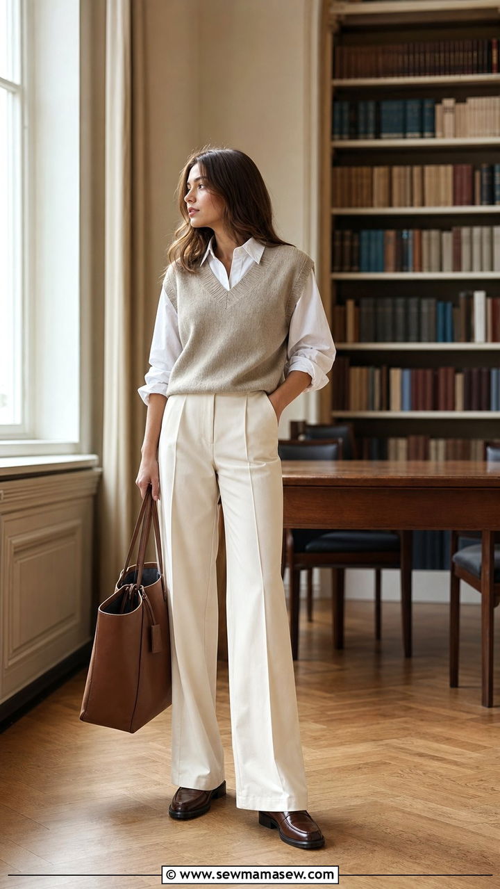 Button down shirt and sweater vest with cream trousers outfit - 25 spring light academia outfits