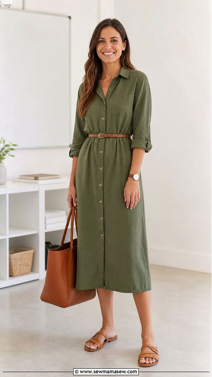 Button down shirt dress and belt - 25 High school teacher outfit ideas