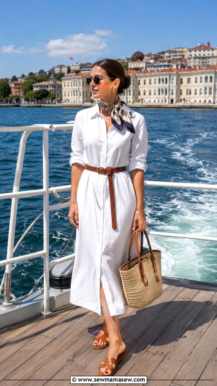 Button down shirt dress with woven bag Istanbul Bosphorus outfit - 30 Istanbul outfit ideas