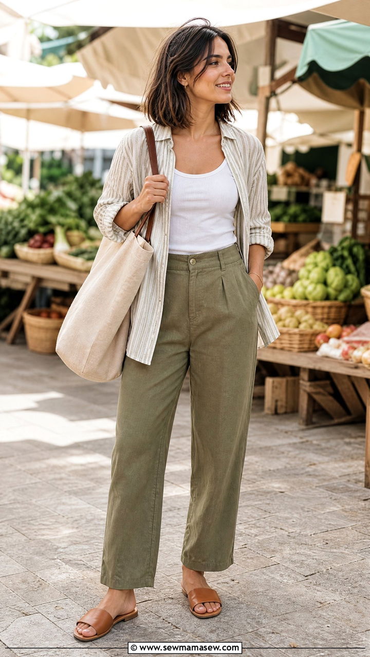 Button down shirt open over a tank with relaxed trousers - 25 casual outfits for short torso women