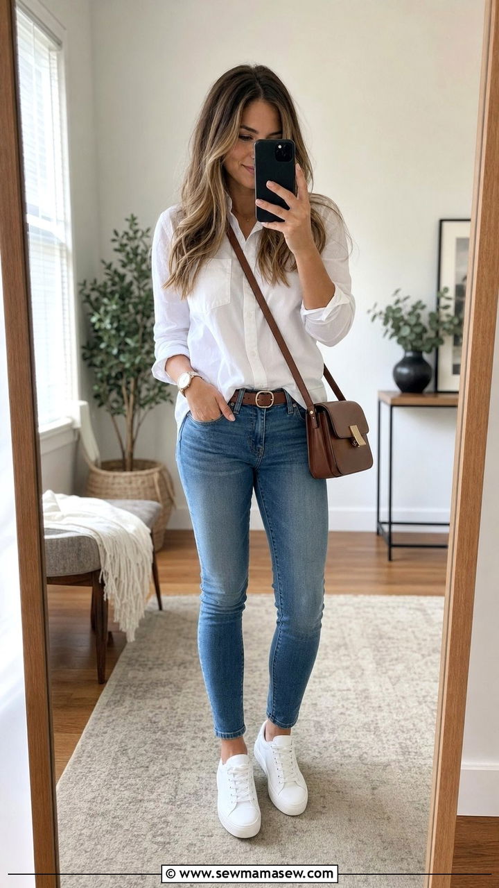 Button down shirt skinny jeans white sneakers outfit - 25 Skinny jeans outfit ideas with white sneakers