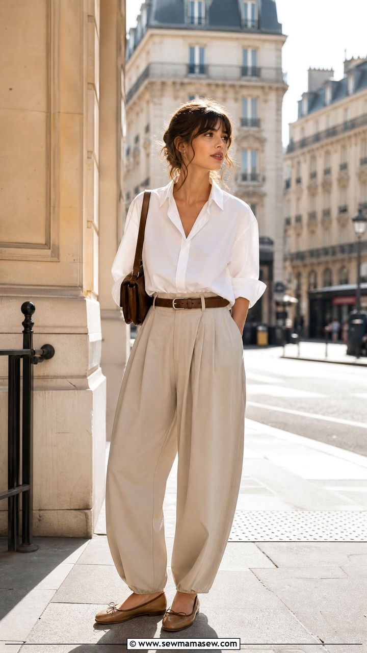 Button down shirt tucked into balloon pants with ballet flats - 25 how to style balloon pants outfits