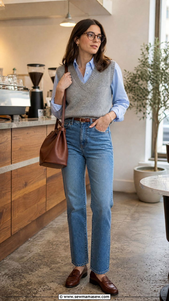 Button down shirt under a sweater vest and jeans - 35 Modern preppy outfit ideas