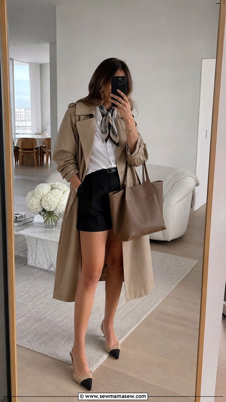 Button down shirt under trench coat outfit - 30 summer trench coat outfit ideas