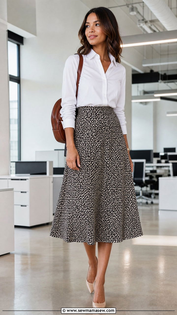 Button down shirt with A line midi skirt - 25 Flattering outfits for big bust