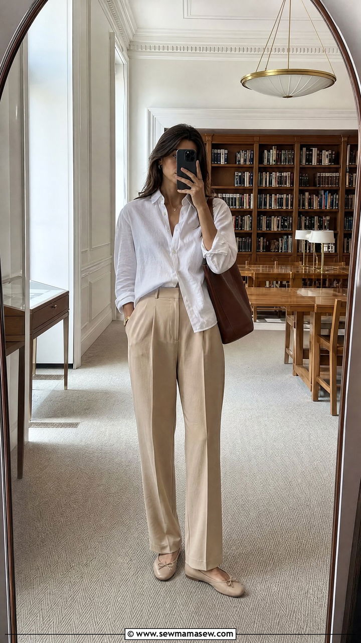 Button down shirt with relaxed trousers and ballet flats - 30 College library outfit ideas
